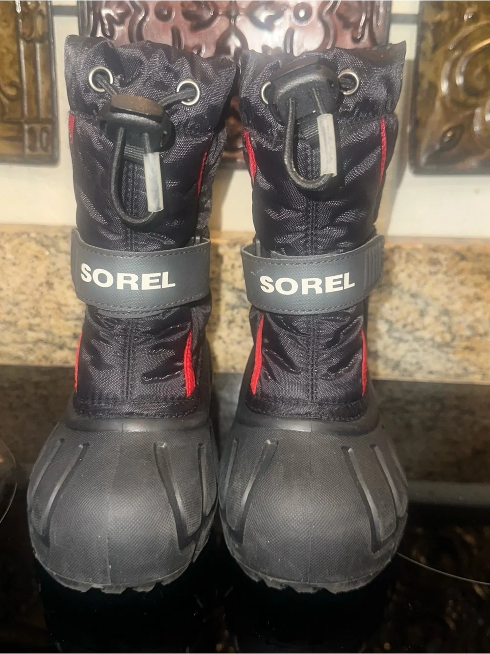 Sorel Size 9 Black/Red Youth Flurry Big Kid Winter Waterproof Snow Boots Velcro